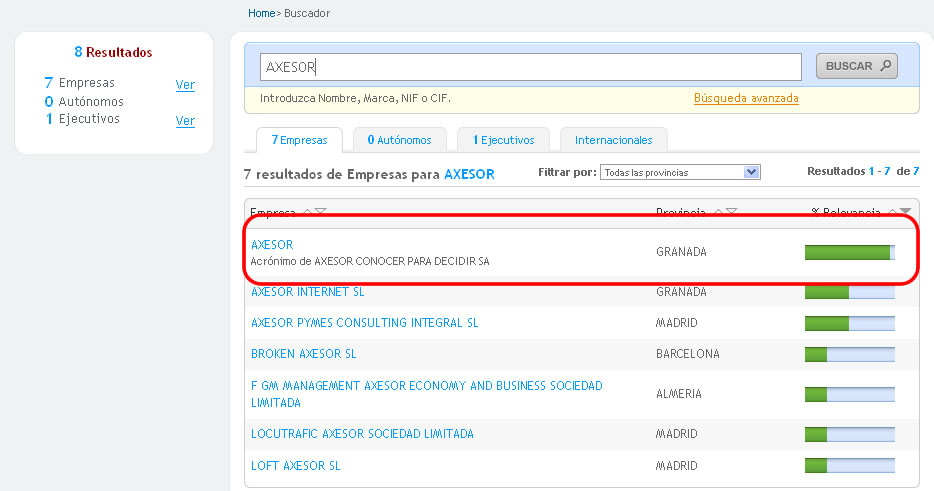Ejemplo de listado de b&uacute;squeda de empresas