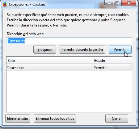 Excepción axesor cookies Mozilla Firefox