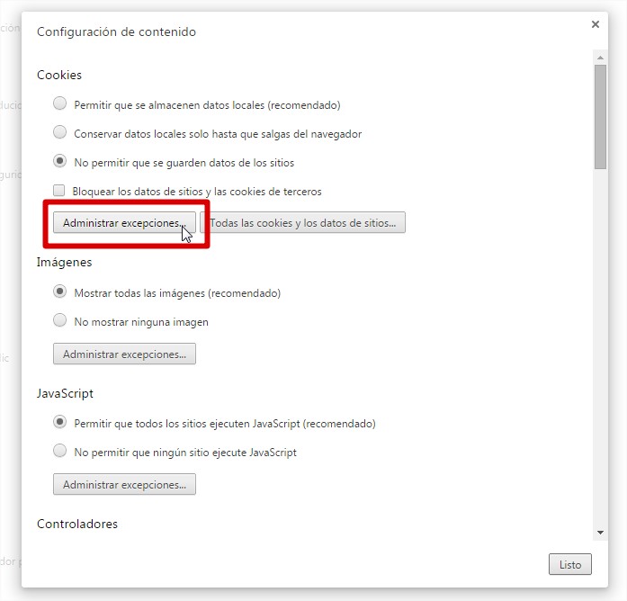 Excepciones en Google Chrome Excepciones en Google Chrome