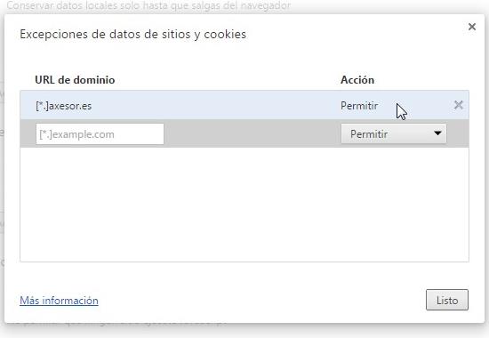 Excepción axesor cookies Google Chrome
