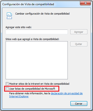 Desactivar usar listas de compatibilidad de Microsoft