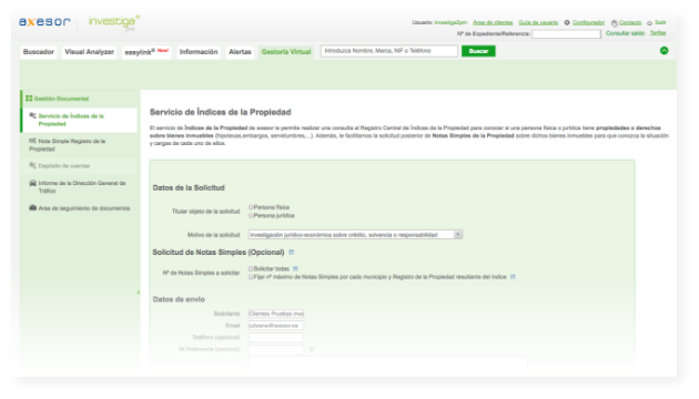 investiga® pro. Solicitud de Servicio de Índices y Notas Simples de la Propiedad